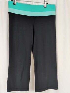 Lululemon Astro Crop Fold Over Waist Yoga Pants Black Turquoise 6